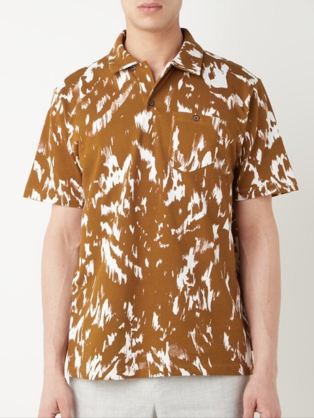 TED BAKER London Camel Abstract Print Short Sleeve Polo Size-6 (US-2XL)